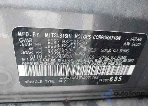2022 Mitsubishi Outlander Se 2.5 S-Awc from USA, damaged, VIN JA4J4UA86NZ081782